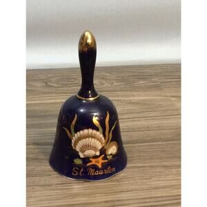 St. Martin Souvenir Bell Dark Blue w/Gold Trim and Pretty Shell Scene On Front